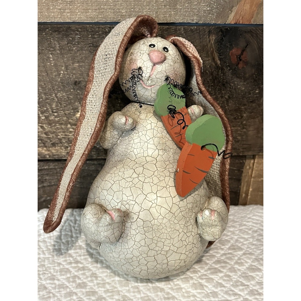 Rustic Easter Bunny Figurine Crackle Glaze Burlap Ears Carrots Spring Decor 8"